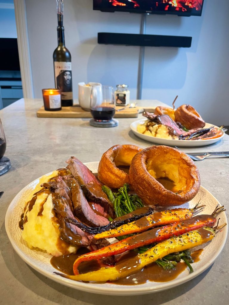 Topside beef roast dinner with all the trimmings