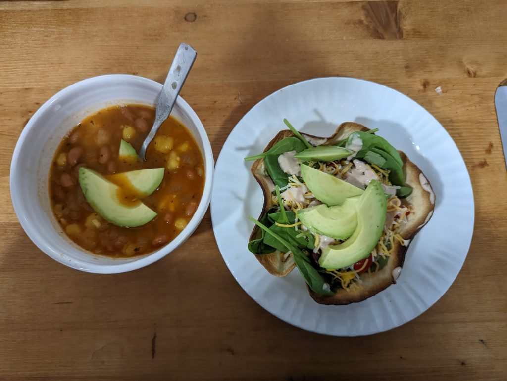 Pinto posole and taco salad