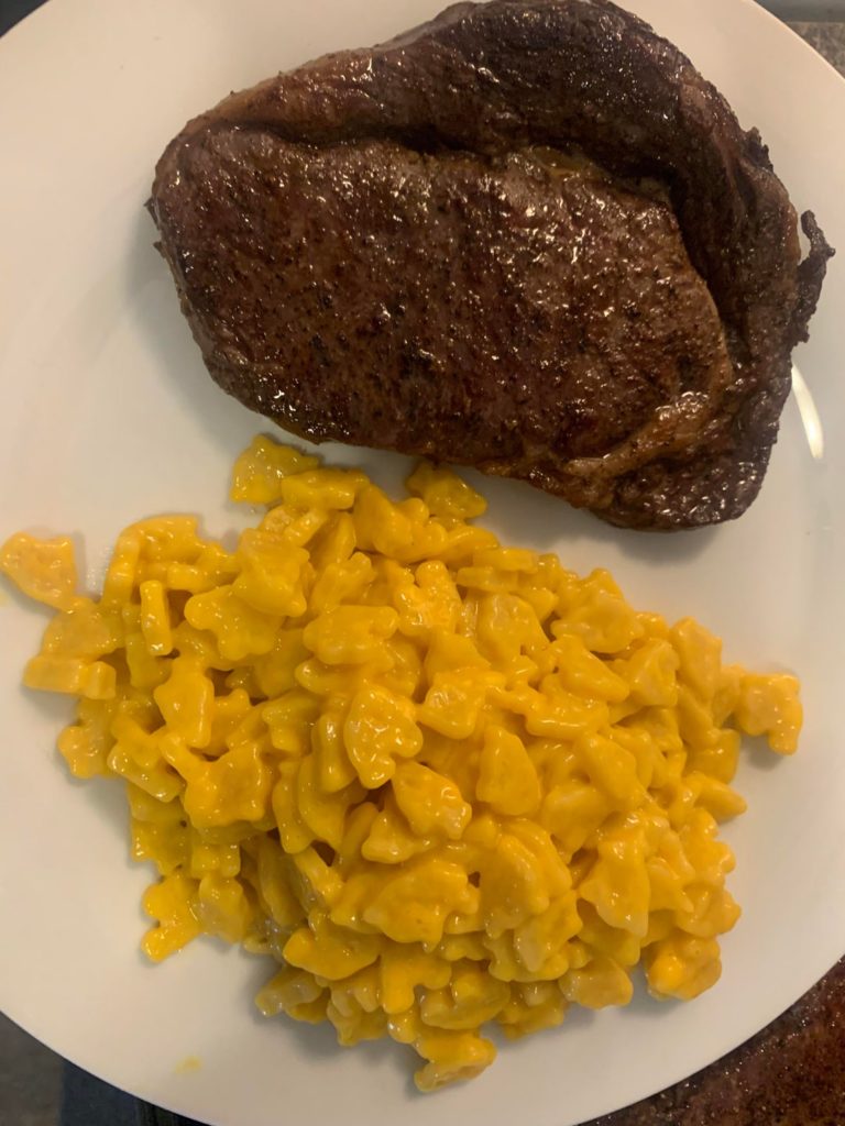 Lil rib eye and Baby Shark mac and cheese