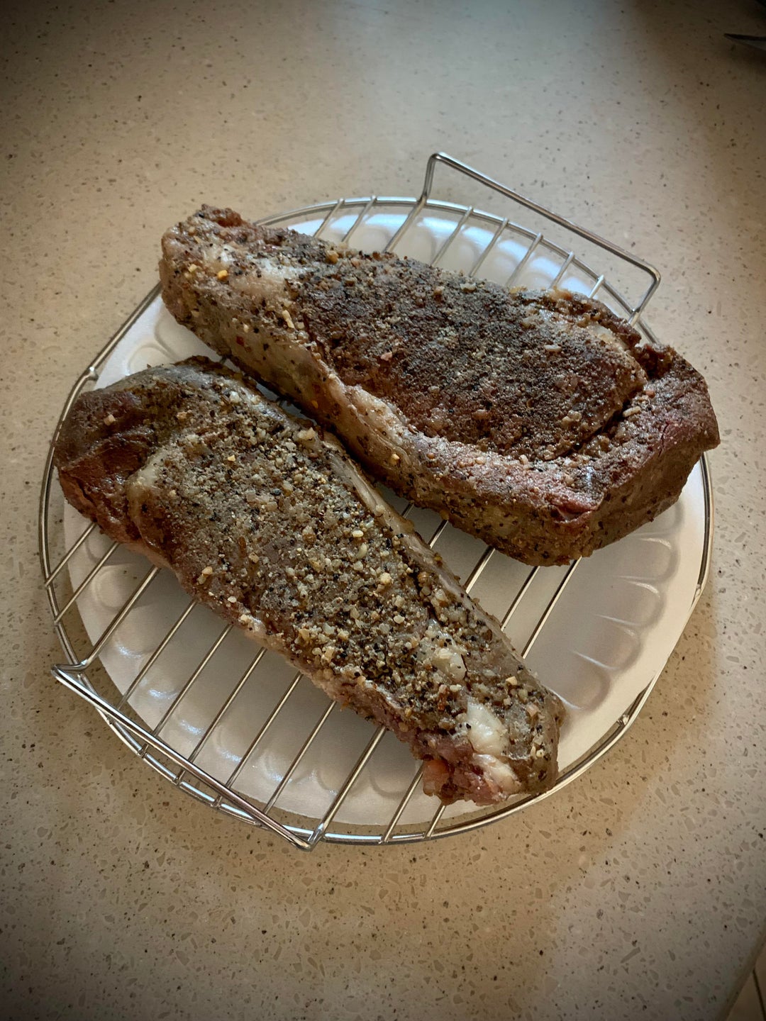 Petite ribeyes. 137F/couple hours. Fridge chill, charcoal sear. Edge to
