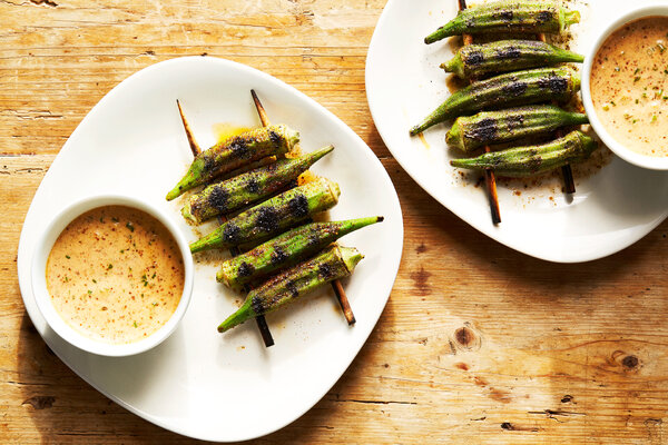 Grilled Okra With Cajun Remoulade