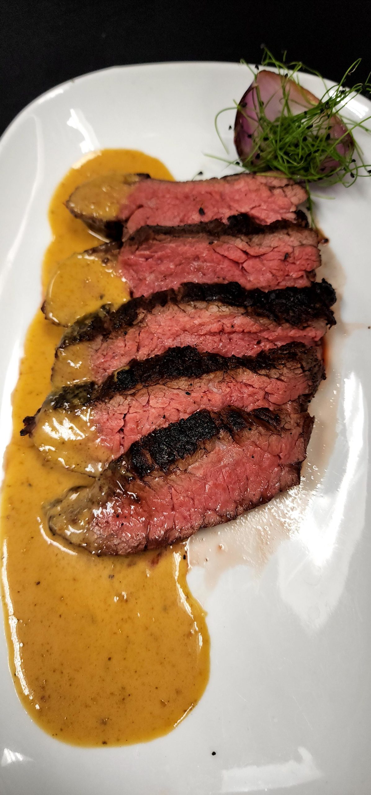 Akaushi Bavette with green peppercorn whiskey sauce Dining and Cooking