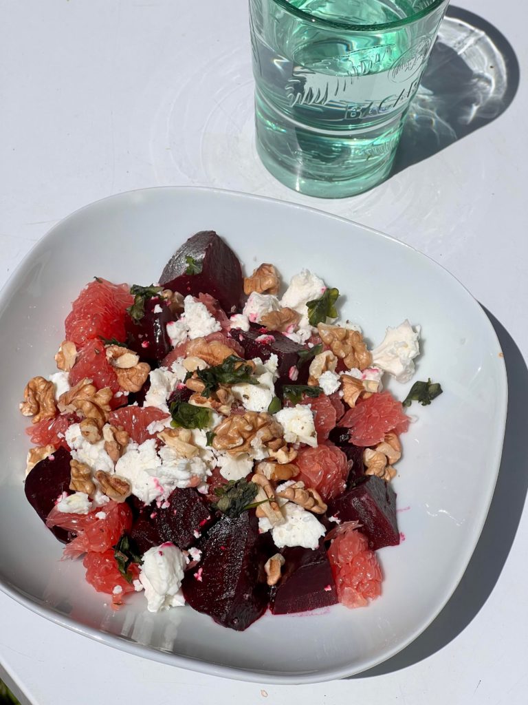 Beet & grapefruit salad with feta cheese, walnuts and citrus dressing