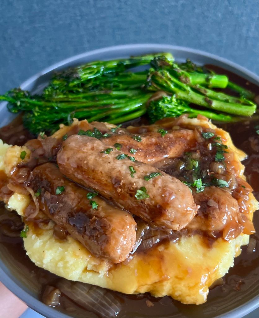 Sausage and mash with onion gravy.