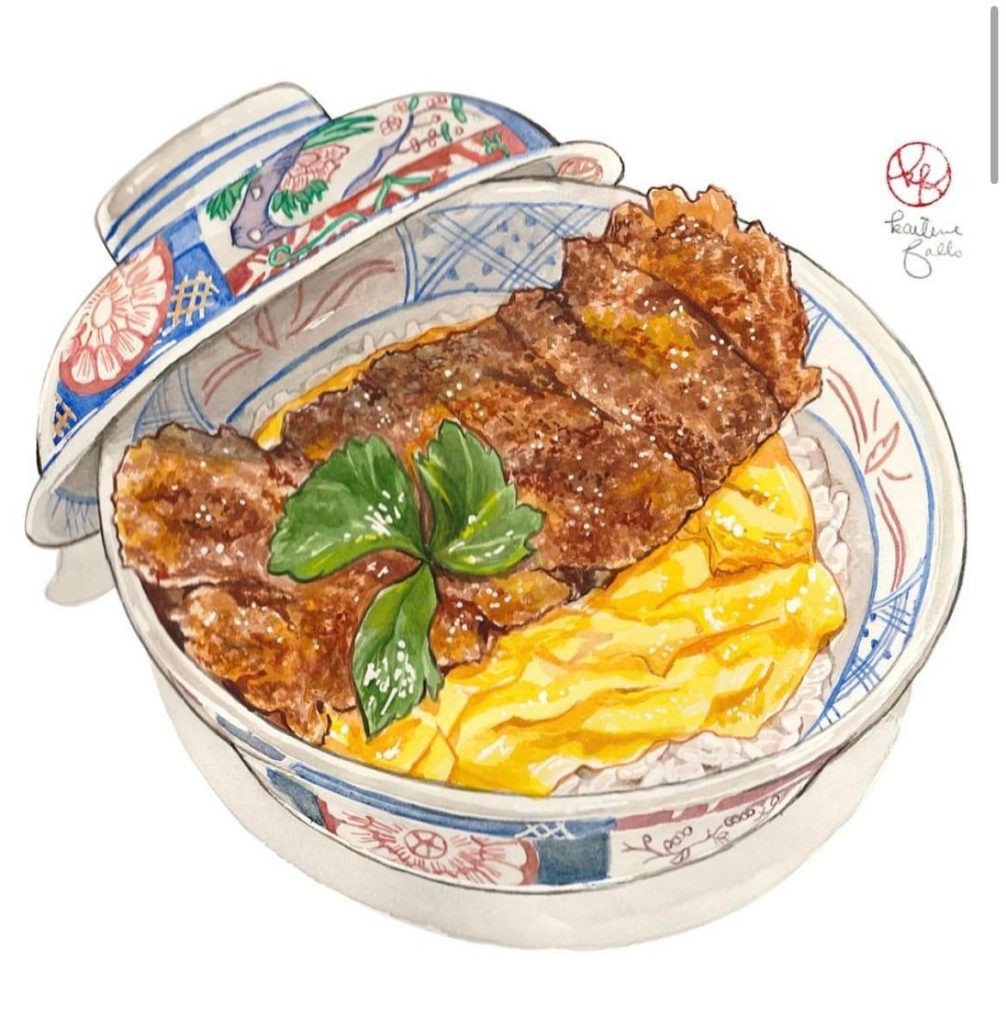 Katsudon- I visited a katsudon specialty shop in Tokyo recently to eat and paint a really delicious katsudon dish. Rice, egg, and fried pork cutlet make for great comfort food! Yum!