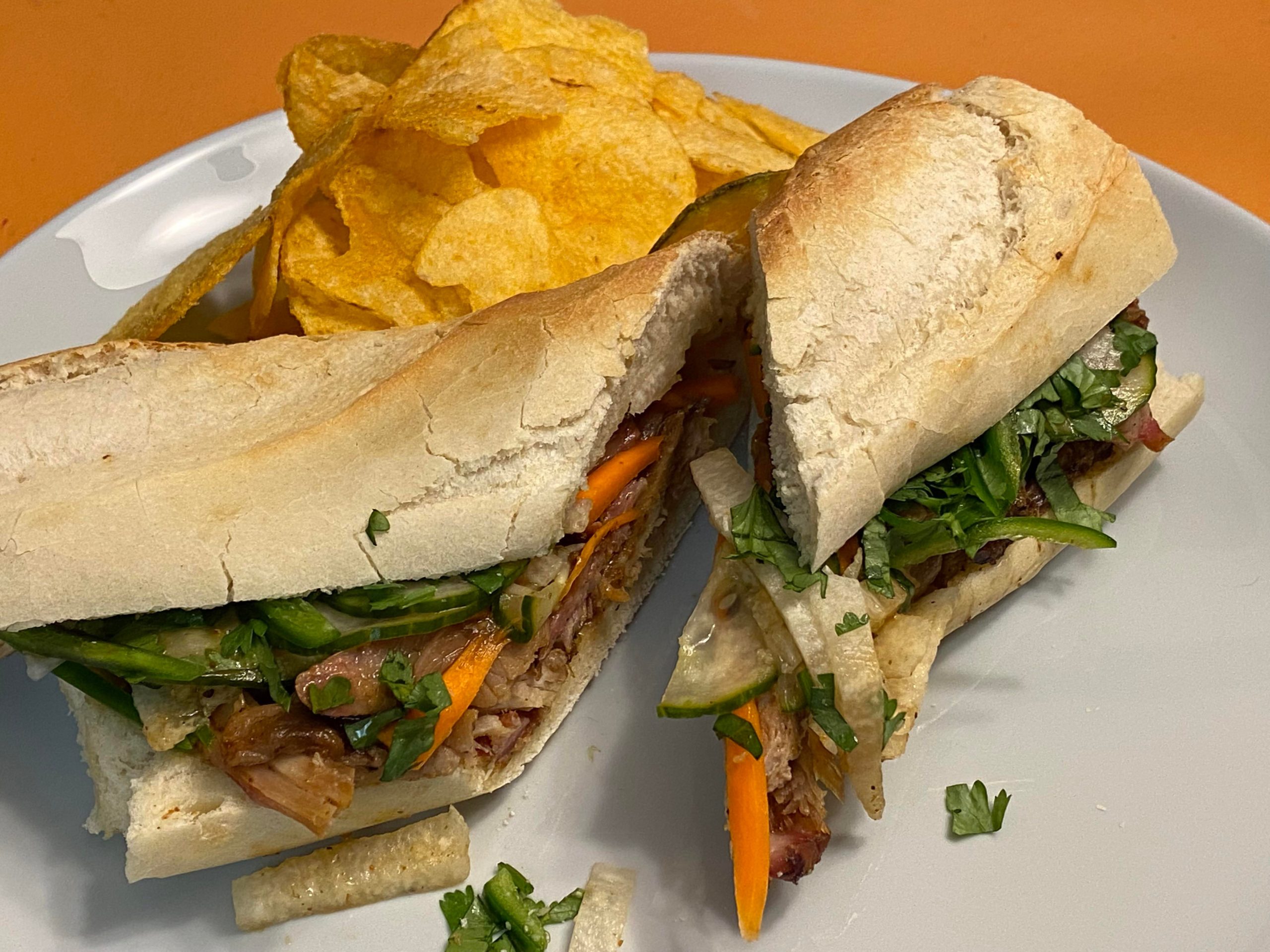 Banh Mi sandwiches using left over smoked rib meat and quick pickled