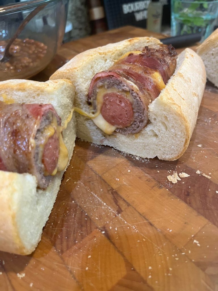 Behold! The cheesy bacon burger dog has arrived!