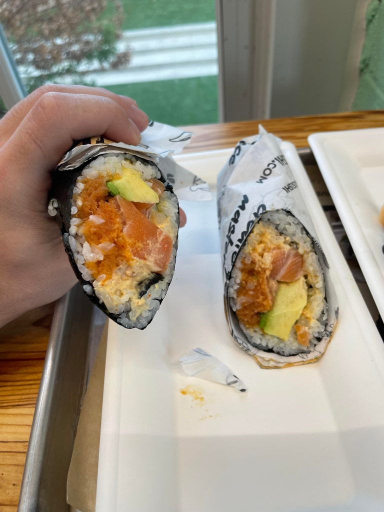 A spicy tuna, salmon, avacado, and spicy Mayo “sushi burrito”. It’s basically a jumbo sushi roll not sliced up. It might be an abomination. But it tasted great