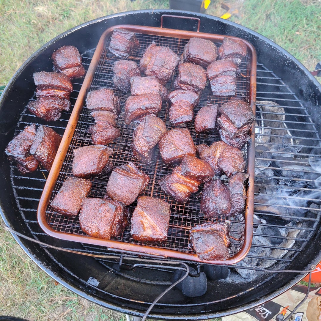 pork belly burnt ends on a weber kettle. Dining and Cooking