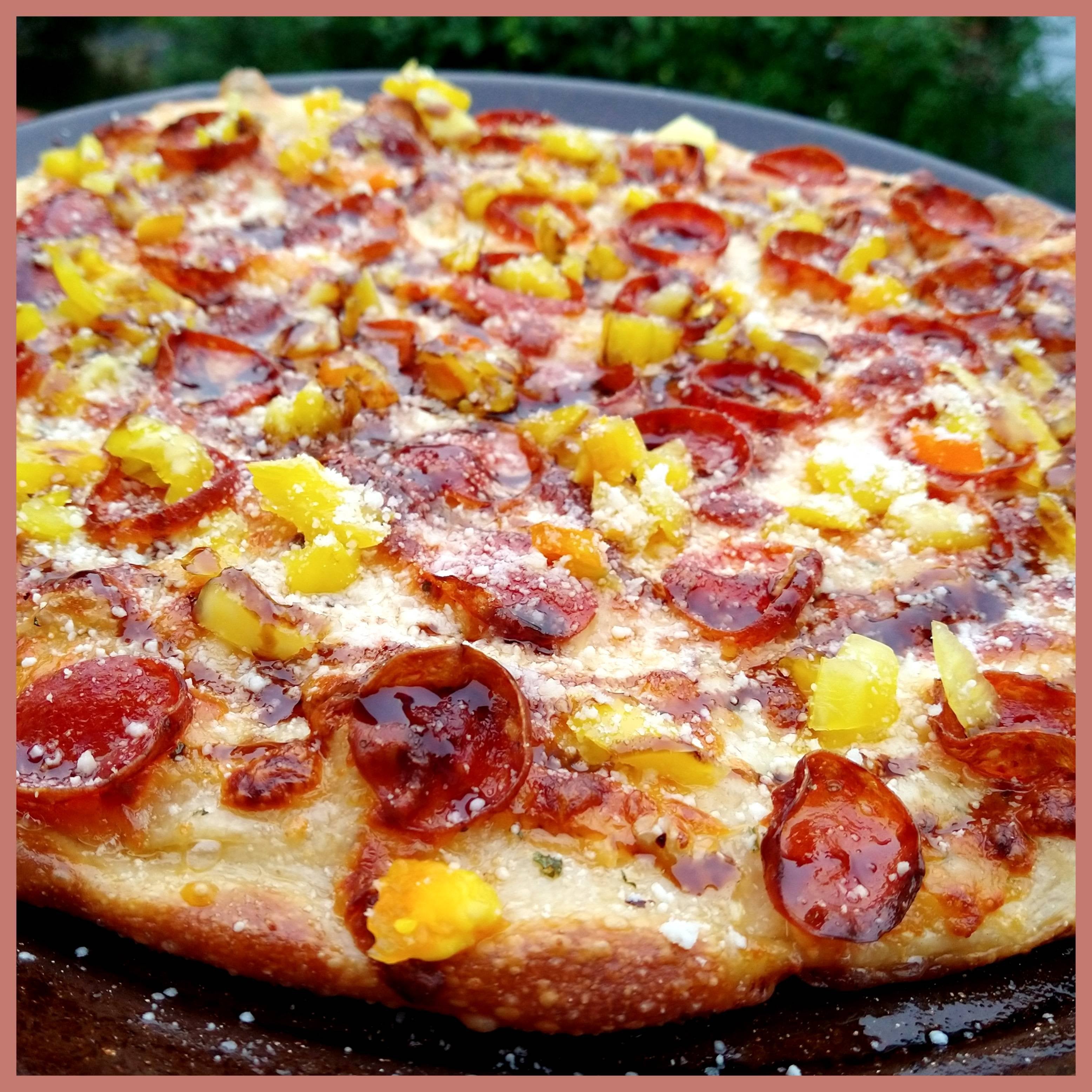 Garlic Butter Pizza w pepperoni, banana peppers, and balsamic reduction Dining and Cooking