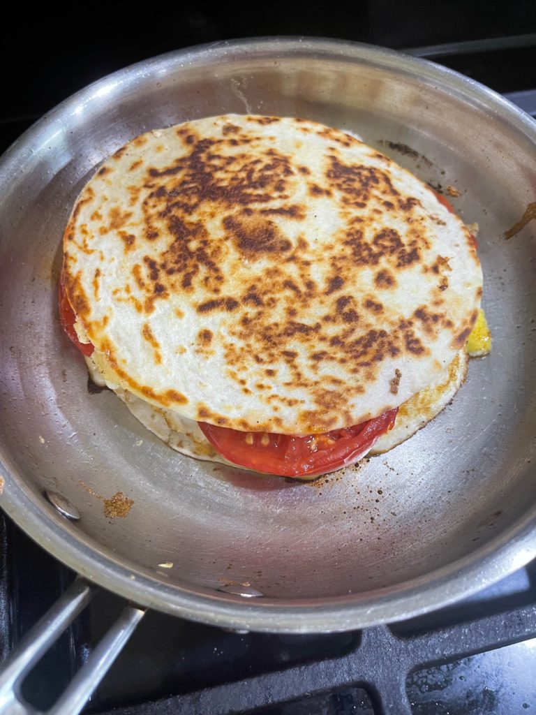 Tortillas, Havarti cheese, egg, fresh tomatoes from my garden.