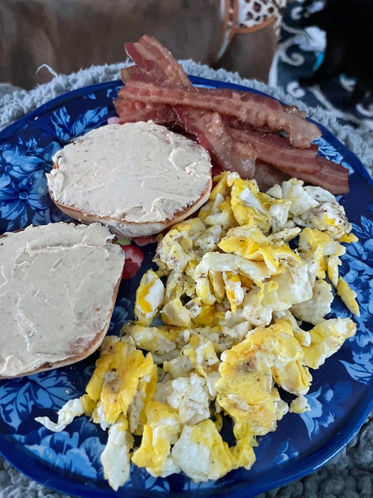 TJ’s pumpkin cream cheese isn’t low cal but is soooo good. Ate in on a mini bagel. Had breakfast for dinner.