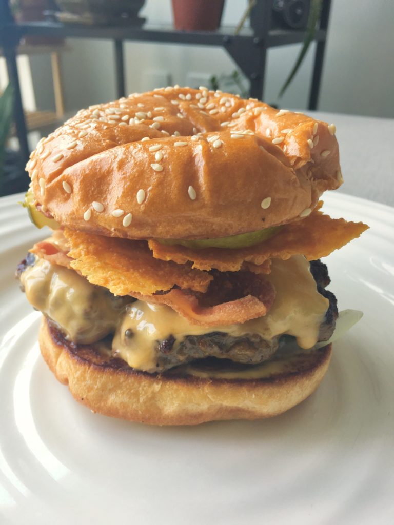 Cheeseburger with the melted American and crispy cheese skirt