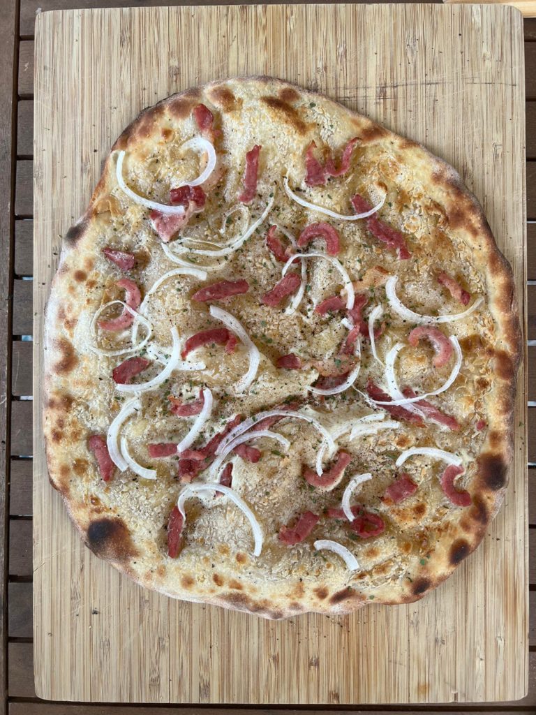 Homemade flammkuchen, also known as tarte flambé or flammekeuche. Tastes just like Alsace!