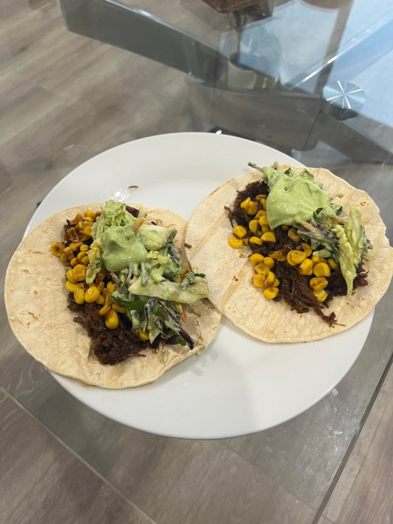 Pulled “pork” tacos with slaw and charred corn