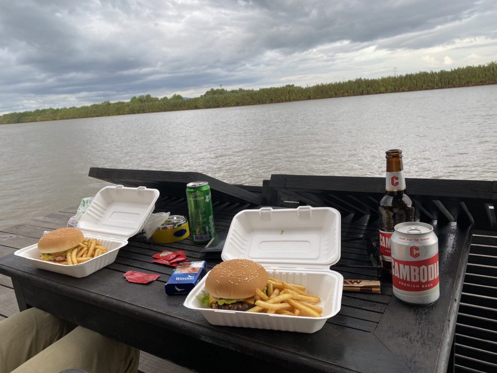 Black Bean Burger with jalapeños, cheese, guacamole and fried onion. From Burgershack in Kampot.