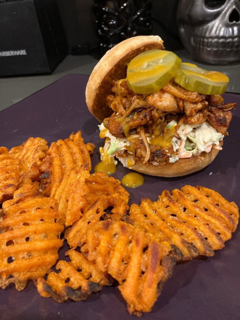 BBQ pulled jackfruit sandwiches with homemade spicy slaw