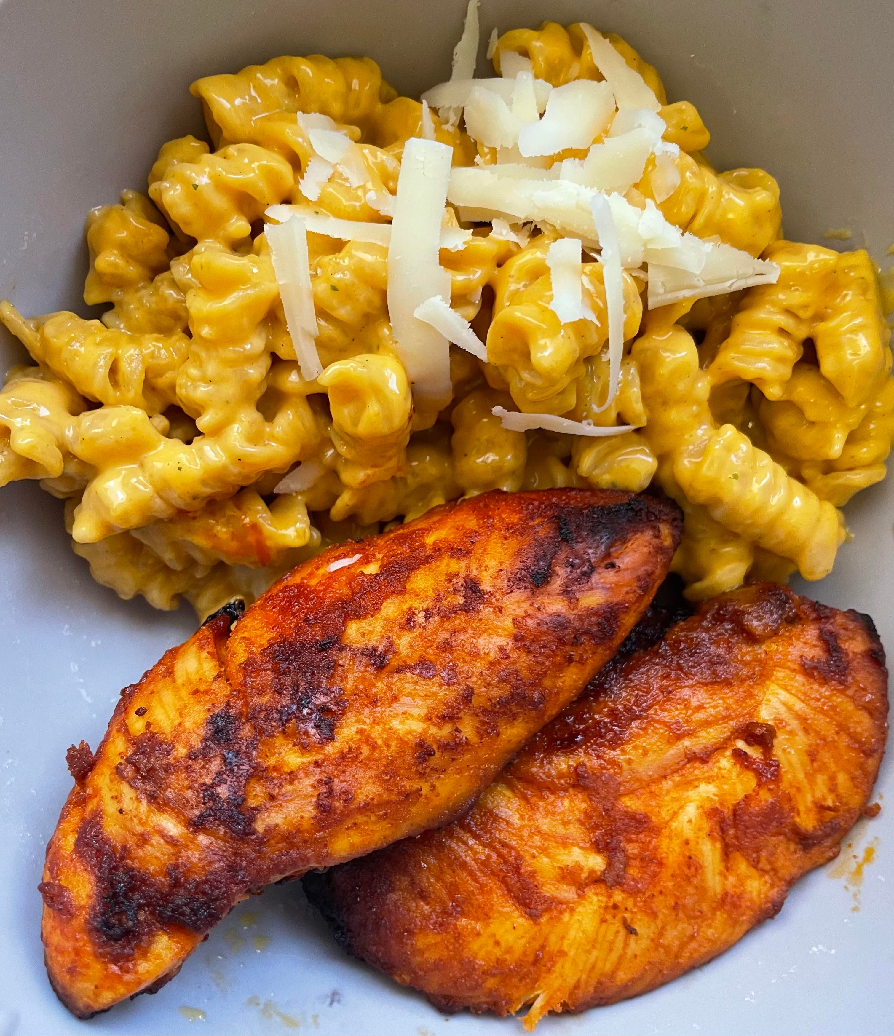 Buffalo chicken tenderloins and rotini and cheese with Romano Dining