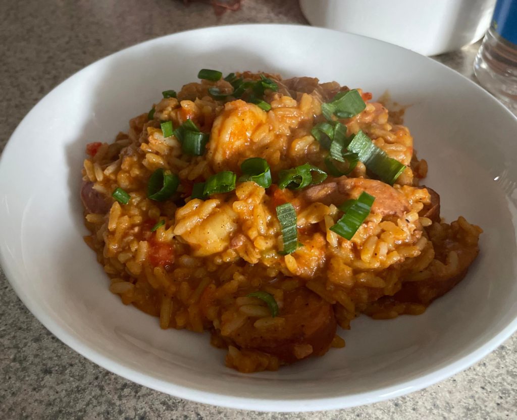 Smoked sausage, chorizo, and shrimp jambalaya