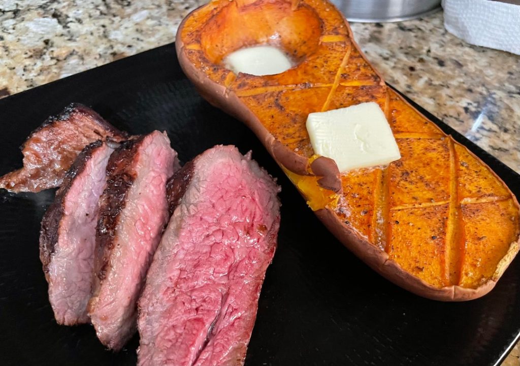 Last night's reverse-seared garlic-marinated prime tri tip, with smoked butternut squash