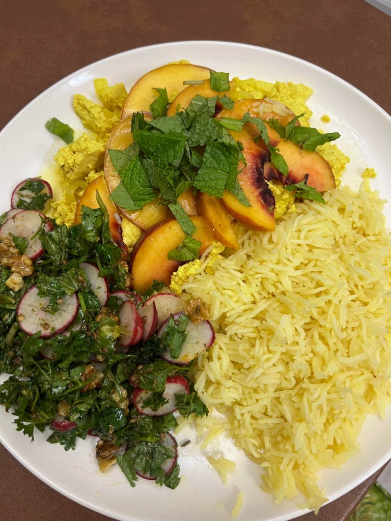 Khoresh Hulu and Sabzi Khordan (salad), hands down the best meal I’ve ever had.