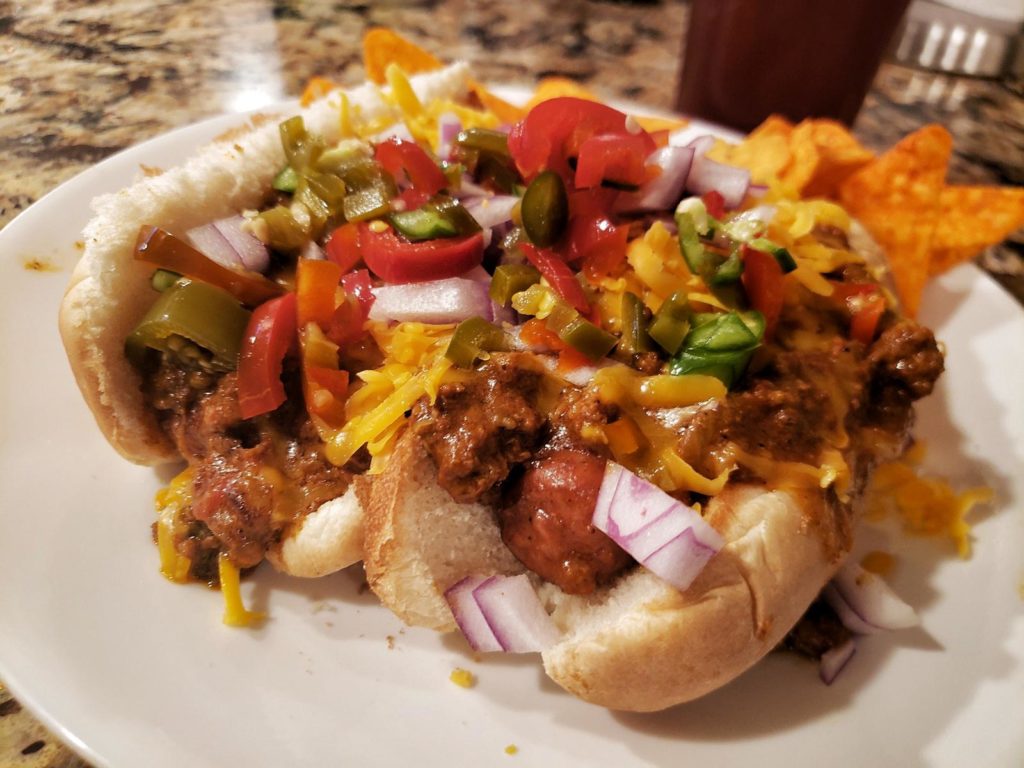 Stage two of the chili cycle, loaded chili dogs
