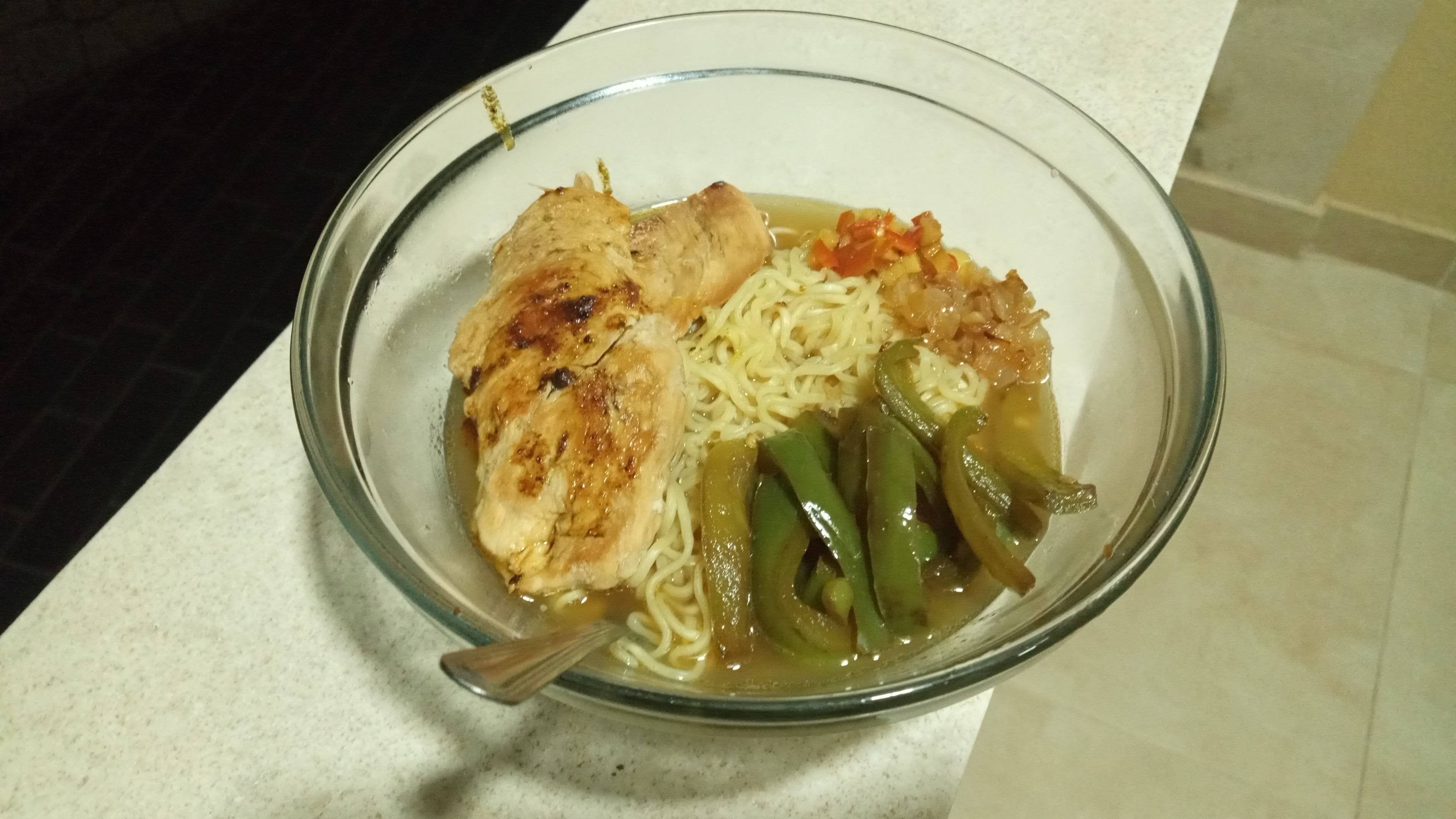 Ghetto student ramen pulled up with stuff in my dorm room (toppings