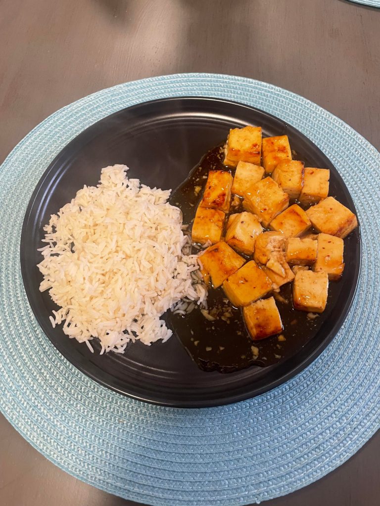 homemade orange tofu with organic basmati rice. my first homemade vegetarian meal.