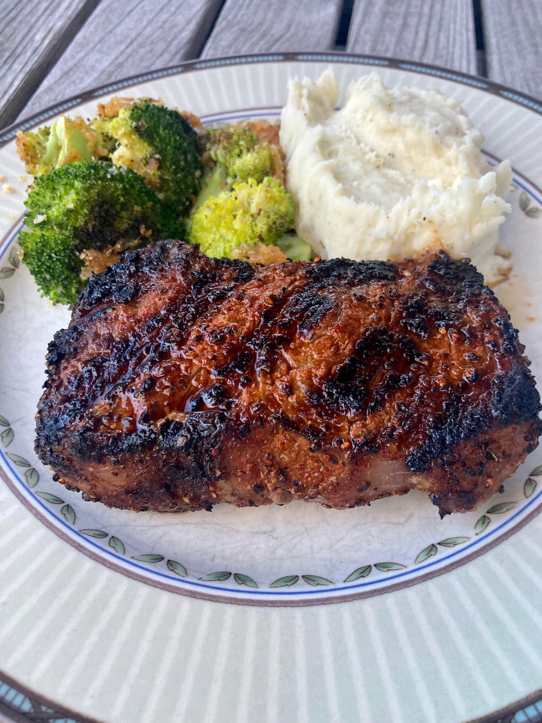 Ribeye steak garlic mashed potatoes and cheesy broccoli and chocolate