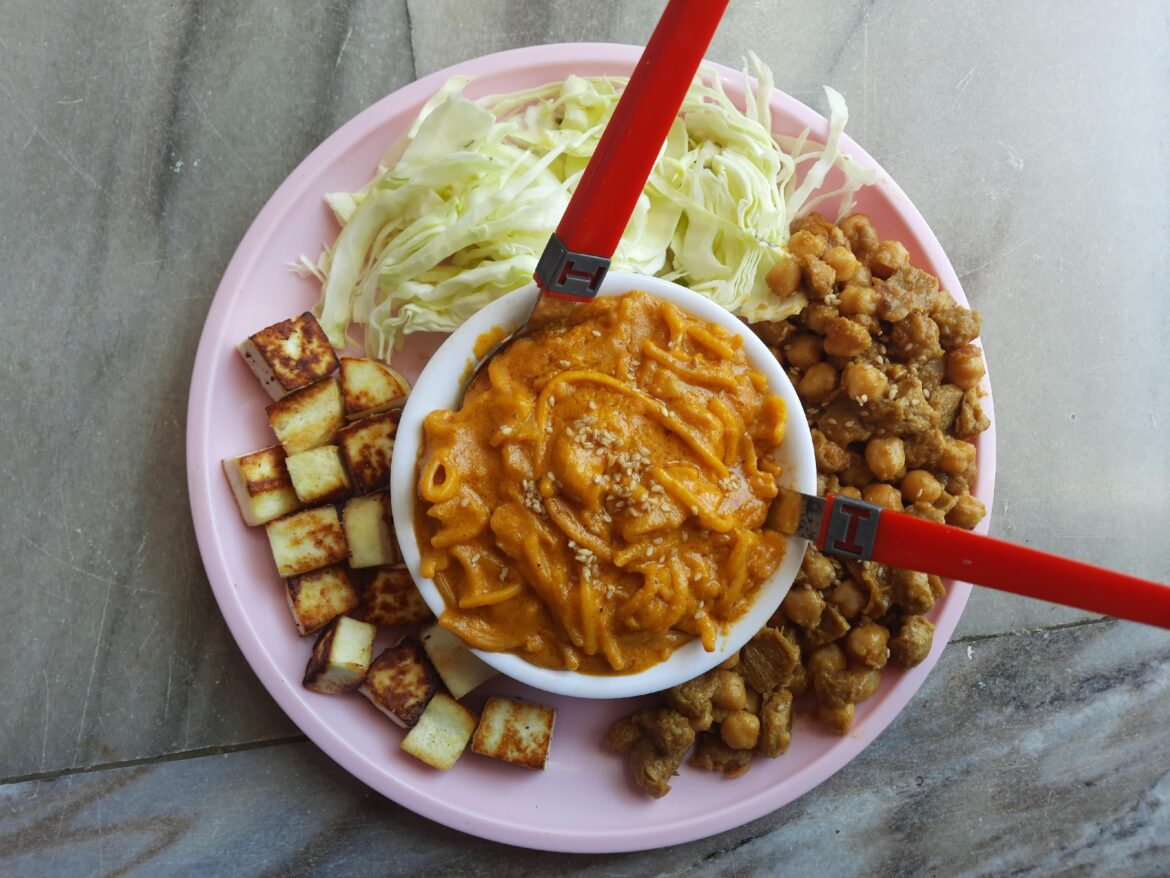 Red Sauce Pasta, fired Paneer with Chickpea and soy