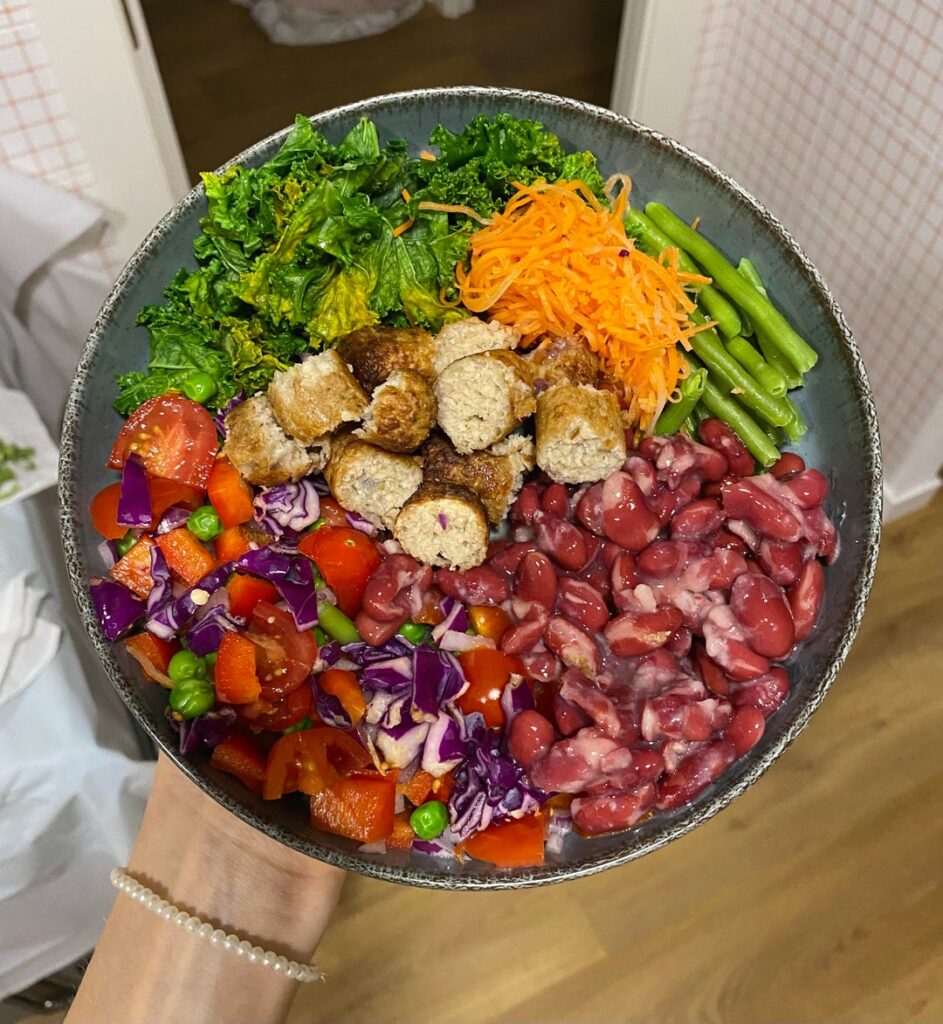 red beans with plant-based ‘sausage’ and vegetables!!! recipe included in image two and three