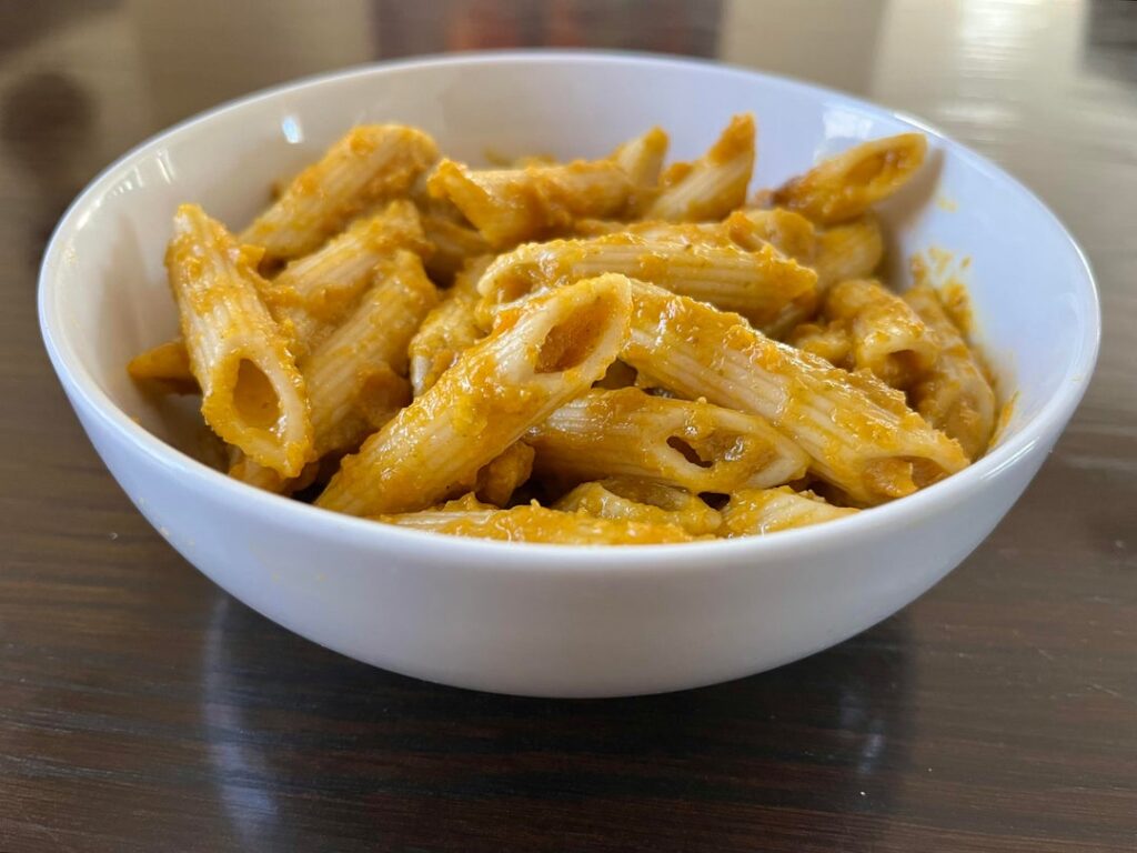 Semi-homemade Pumpkin-Pesto Penne Pasta.