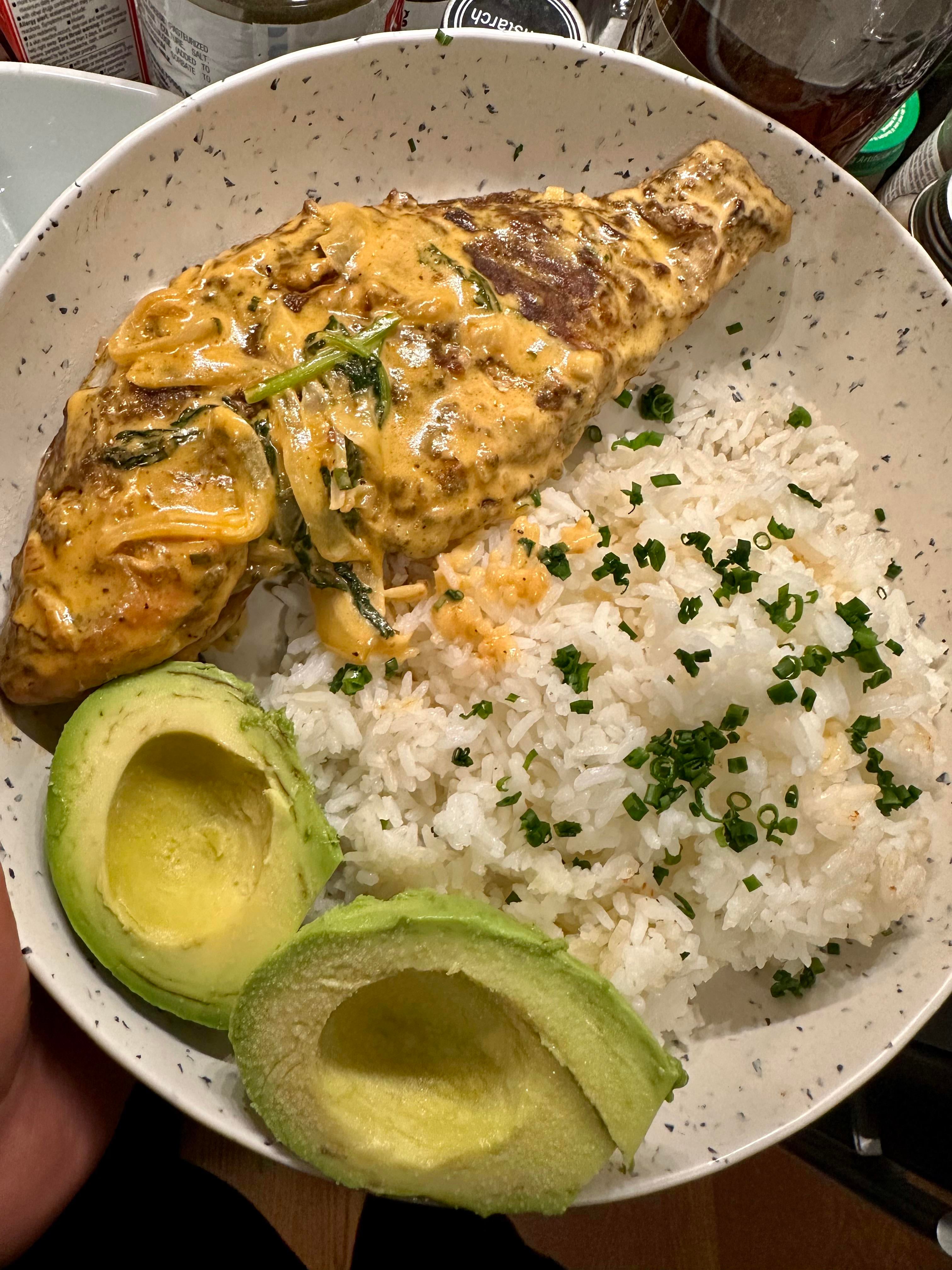 Coconut snapper with jazmine rice and avocados [homemade] Dining and