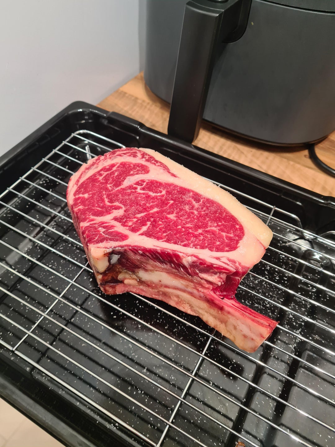 Ribeye on the bone panseared and finished in the oven to 56c before
