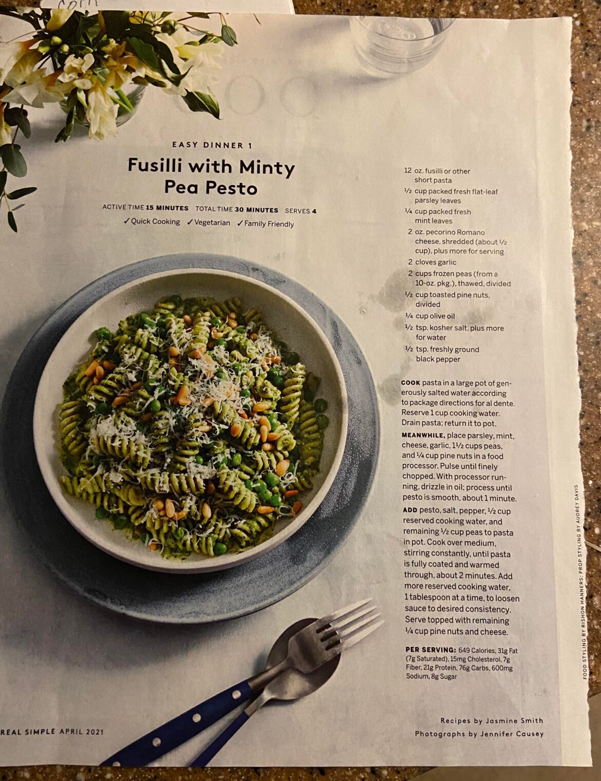 Fusilli with minty pea pesto