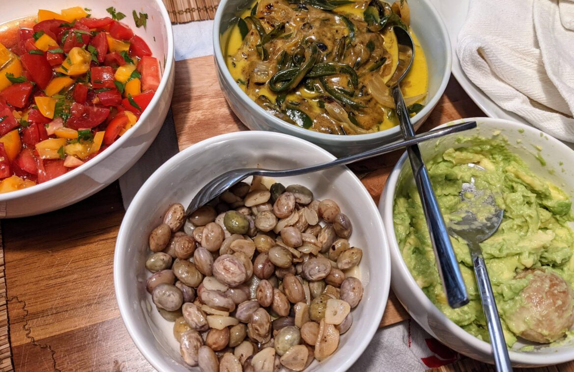 Rajas con crema, fresh pico, smashed avocado, and sauteed cranberry beans + corn tortillas