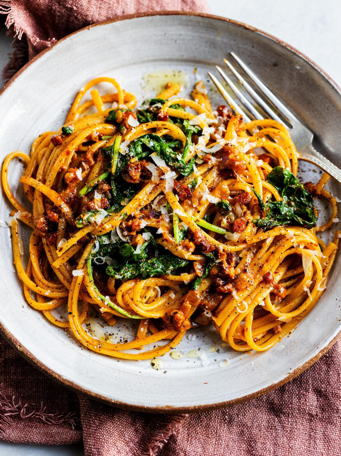 Linguine with Creamy Piment d'Espelette Sauce and Pancetta