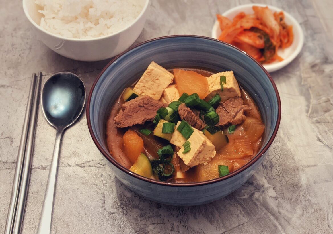 Doenjang jjigae with beef and radish.