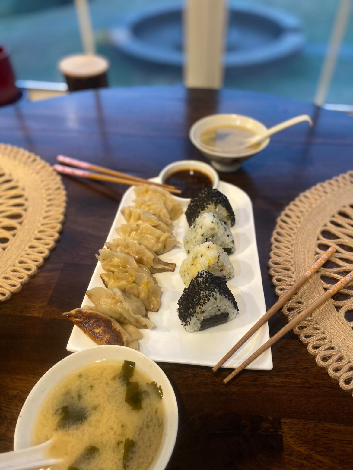 Handmade Gyoza, Onigiri and miso soup