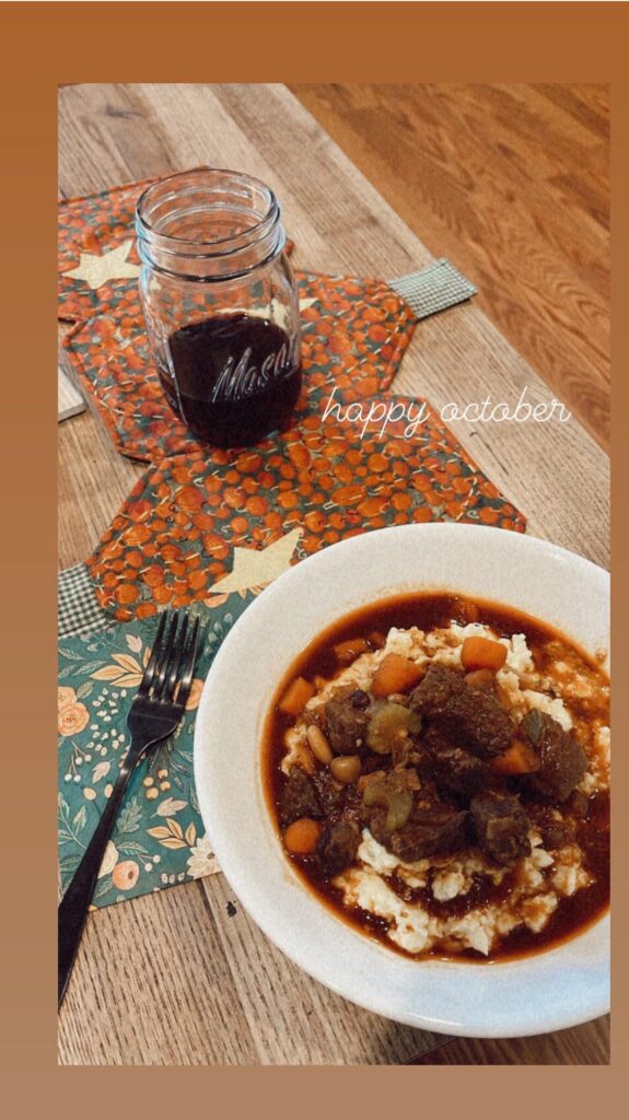 Chrissy Teigen’s sleepy-time stew (beef stew with white beans) over roasted garlic mashed potatoes. So delicious. https://www.studiosheppard.com/blog/chrissy-teigens-beef-stew-and-cream-cheese-mashed-potatoes
