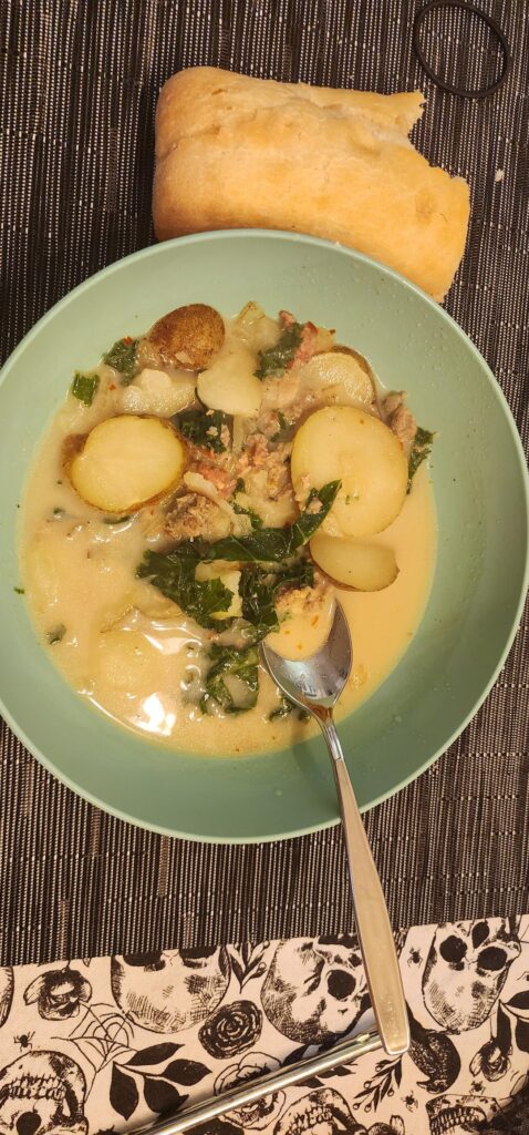 Zuppa Tuscana and Ciabatta Bread. I weighed everything in the soup and divided up in to 1 cup servings.