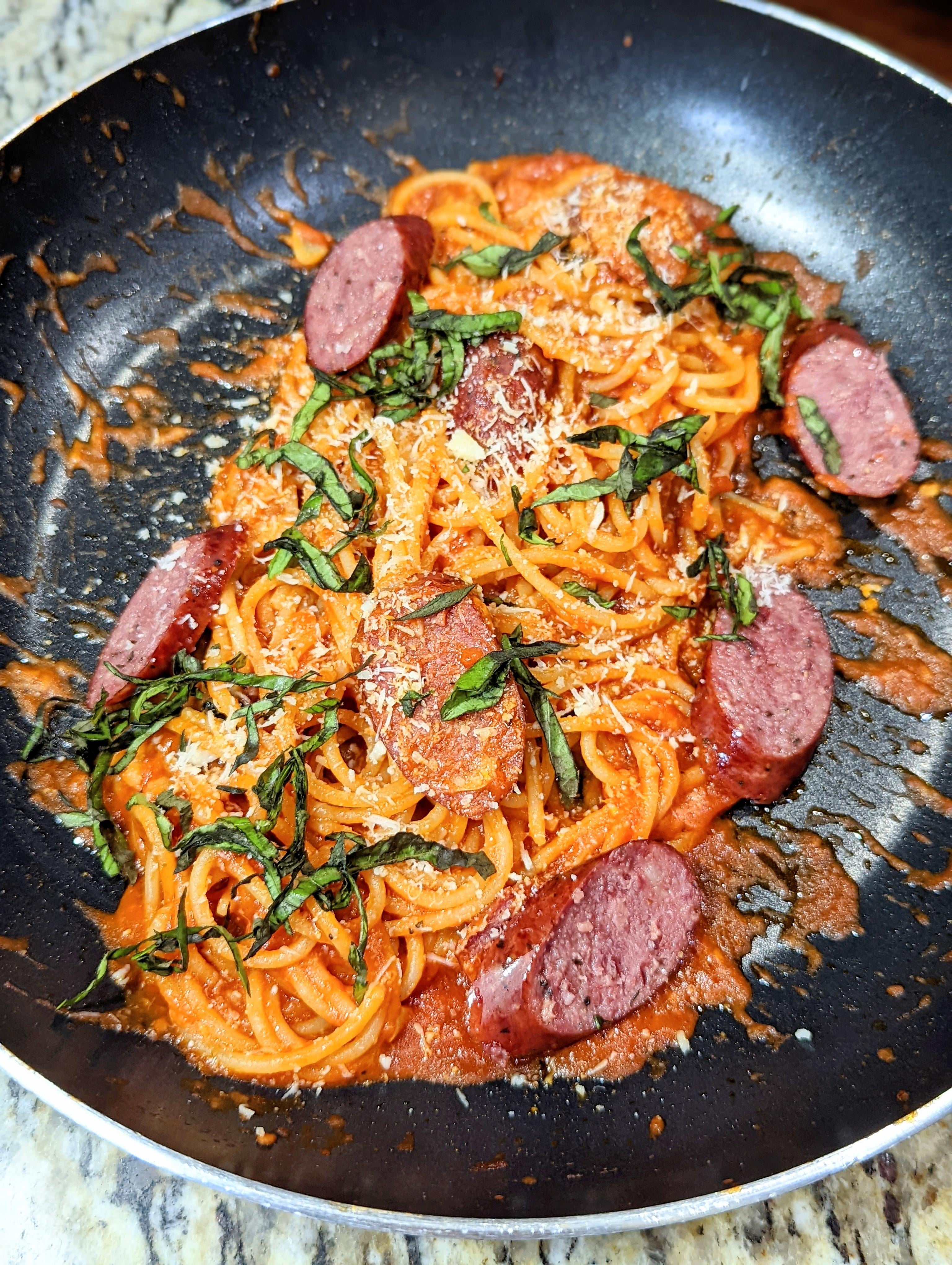 Spaghetti Arrabiata w/smoked sausage & fresh basil Dining and Cooking