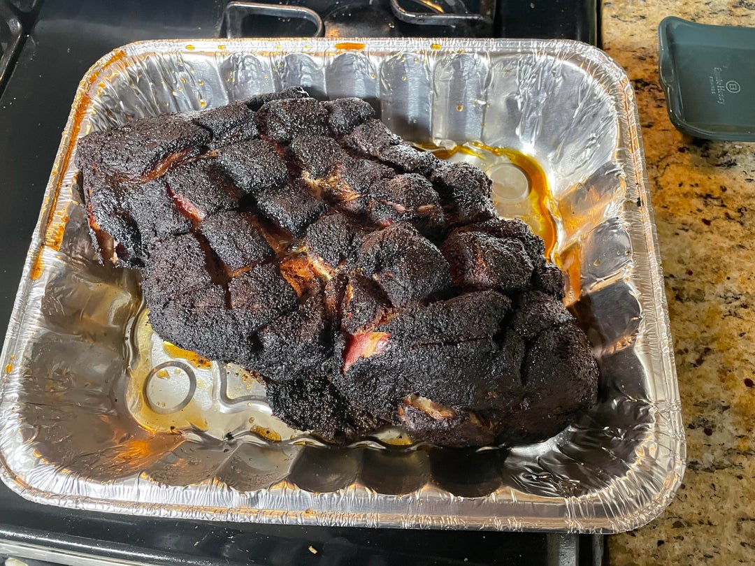 First go at bonein pork shoulder (6 lbs), using a reverse vortex, snake method, on a er