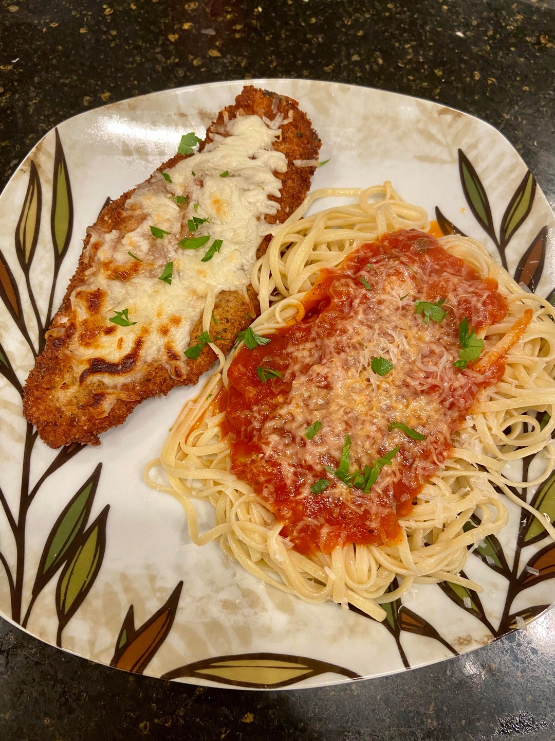 Chicken parm with homemade marinara. Dining and Cooking