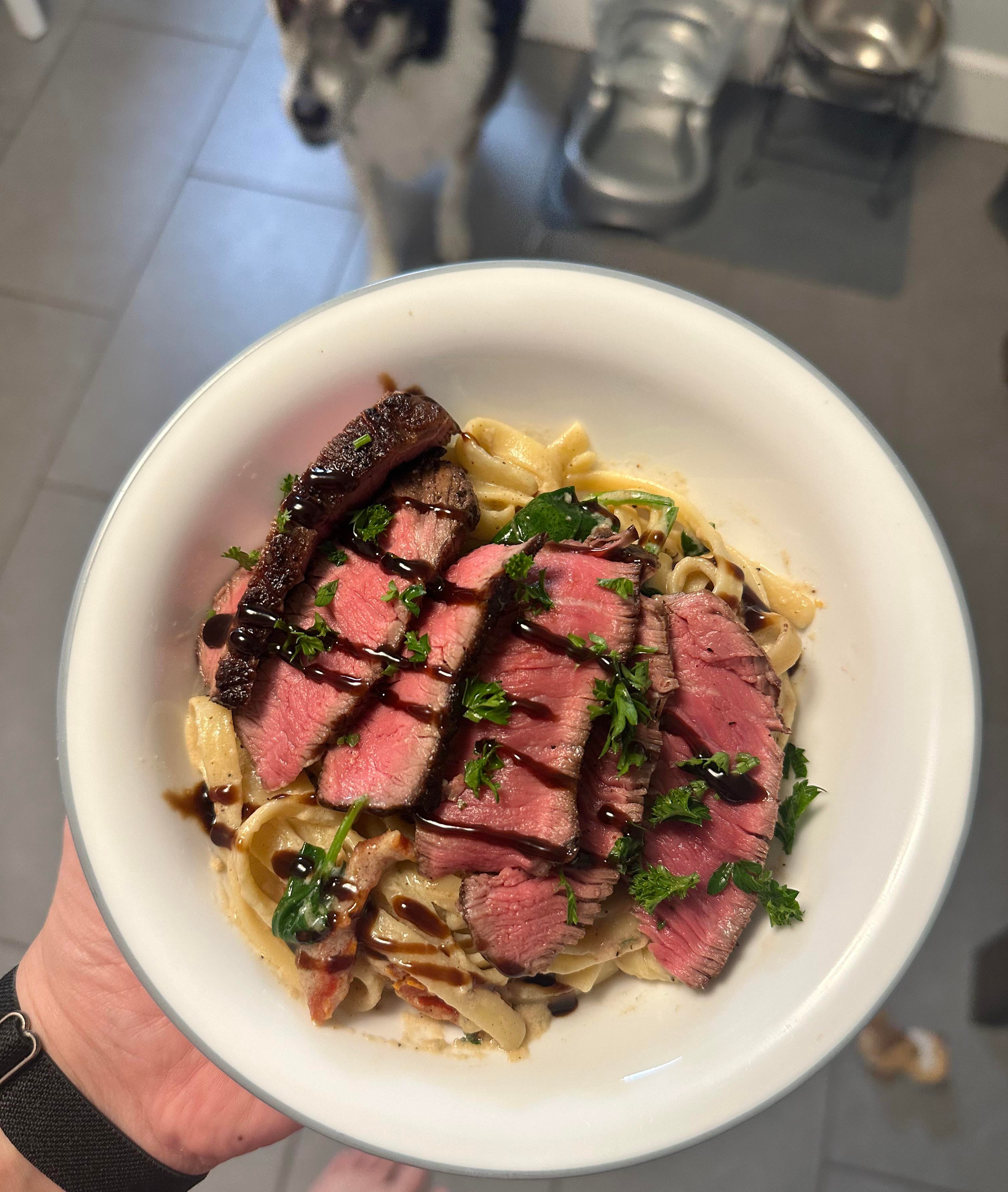 Steak Fettuccine Alfredo (with spinach and sun dried tomatoes) Dining