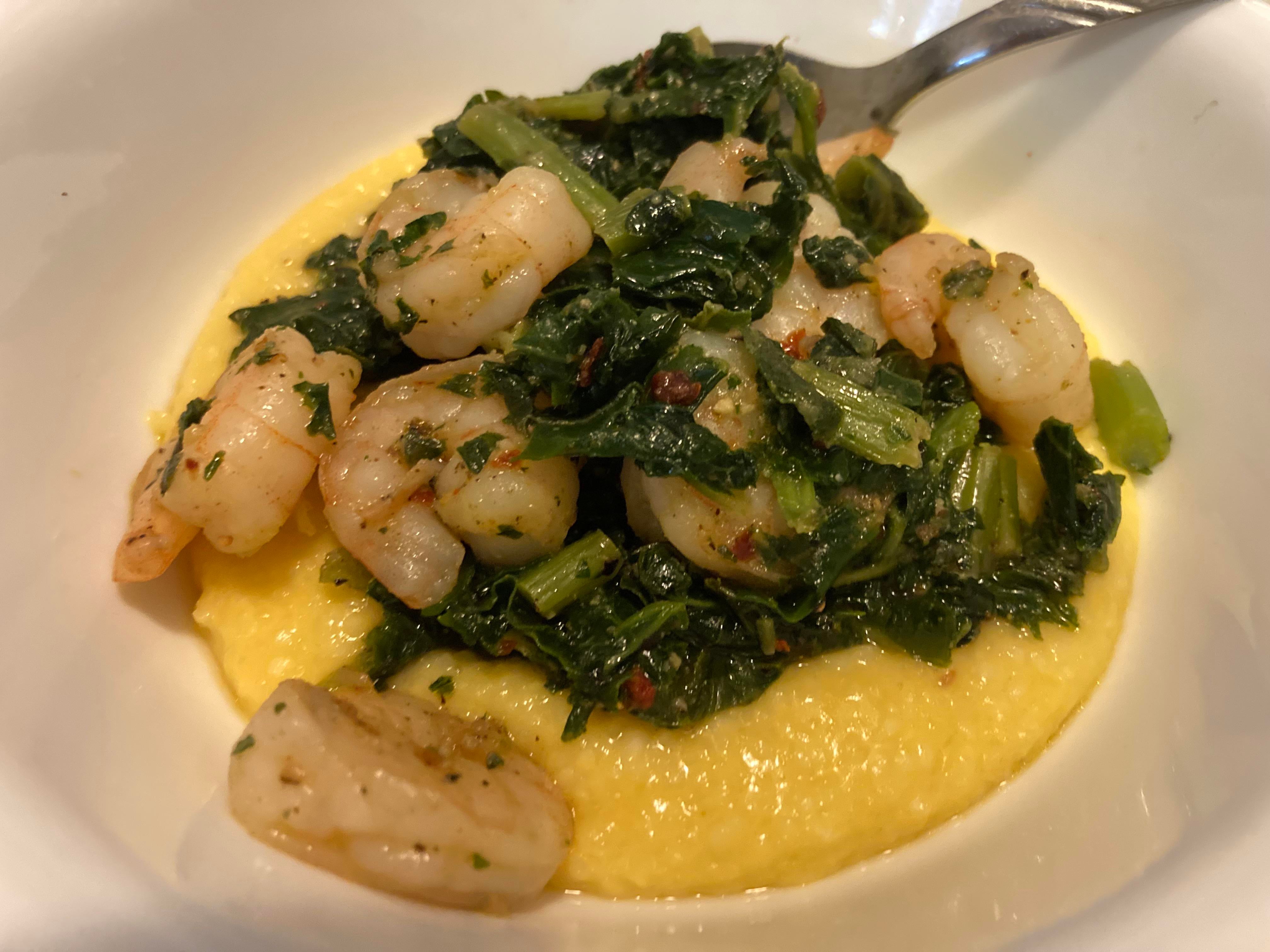 Cajun seasoned shrimp with spicy kale and cheesy grits Dining and Cooking