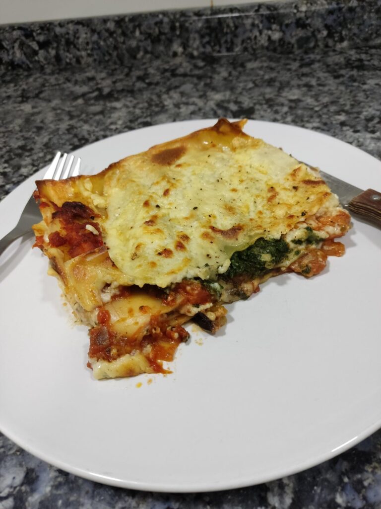 Vegetarian lasagne with goats' cheese and vintage mature cheddar