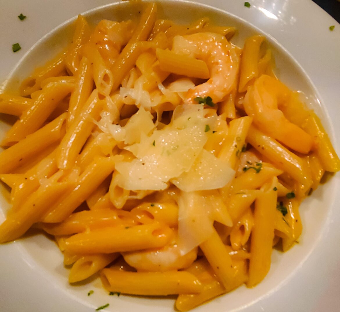 shrimp penne in a red cream sauce