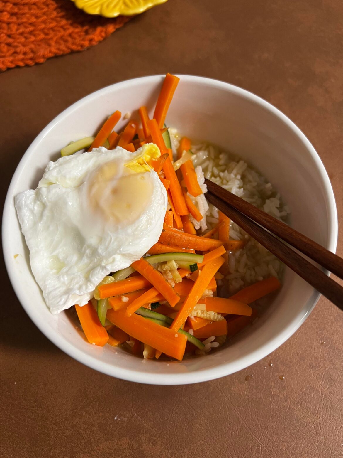 Miso vegetables and poached egg over basmati rice