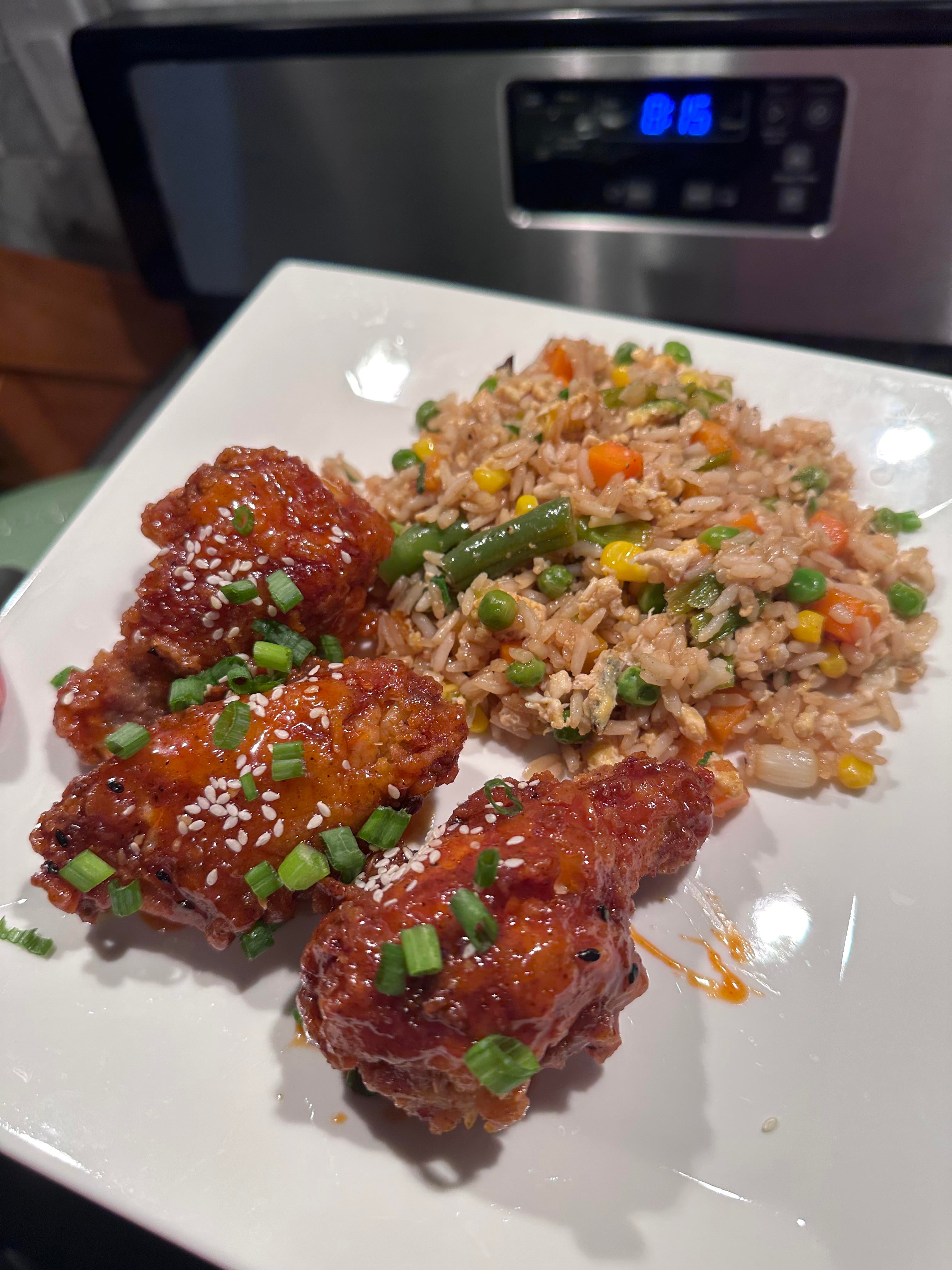 made korean fried chicken wings & fried rice. Dining and Cooking